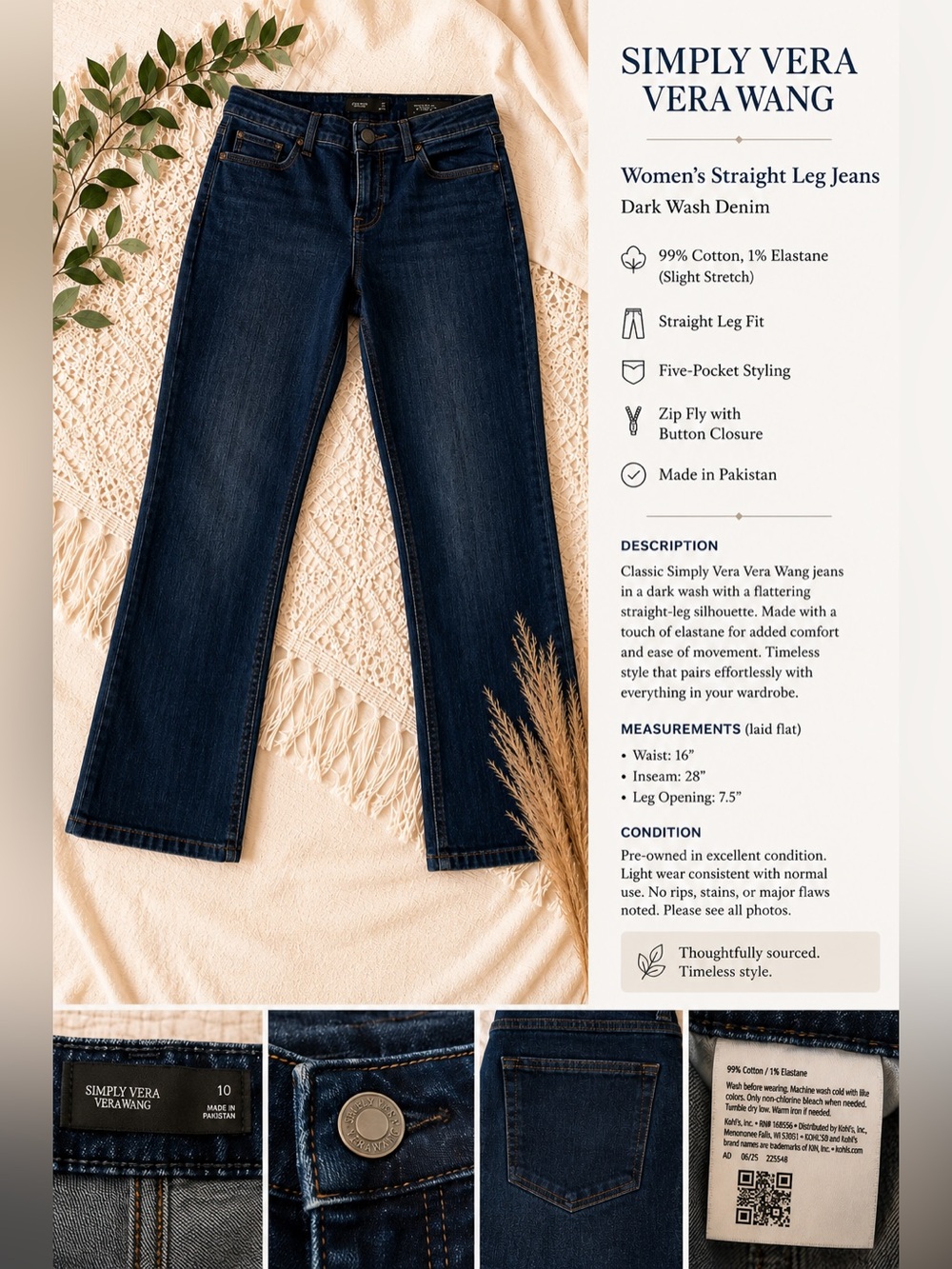 Simply Vera Vera Wang Women's Straight Leg Jeans - Dark Blue Size 10